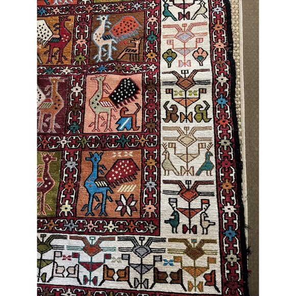 Silk Kilim-Sumak Geometric Area Rug Hand-Woven Tribal Carpet 38”x 27.5” - Picture 6 of 9